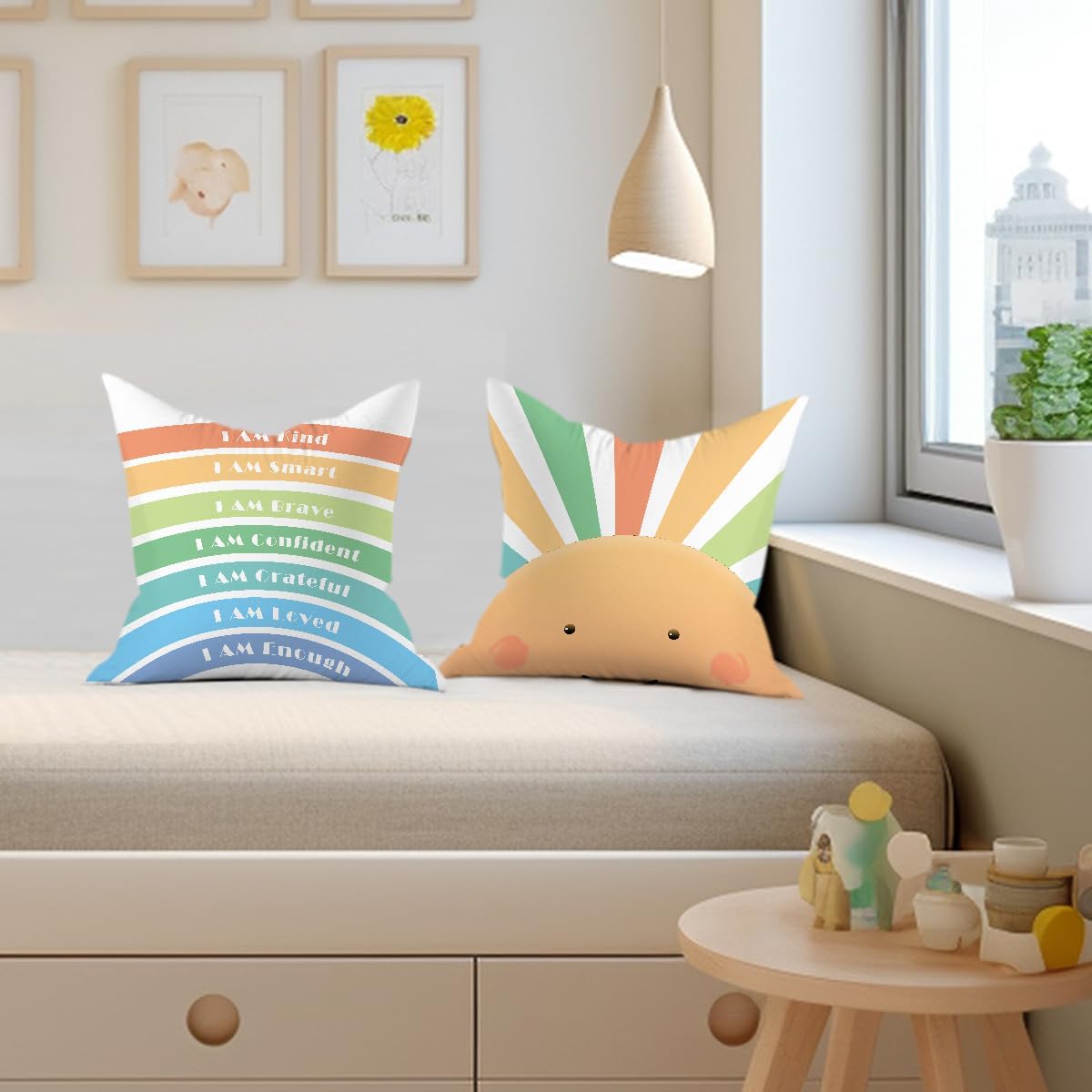 2PCs Inspirational Classroom Pillow Covers Playroom Throw Pillow Covers 18x18 Pillowcases Calming Corner Classroom Decorative Boho Sun Rainbow Room Decoration for Living Room Nursery Bedroom Sofa Car - Image 4