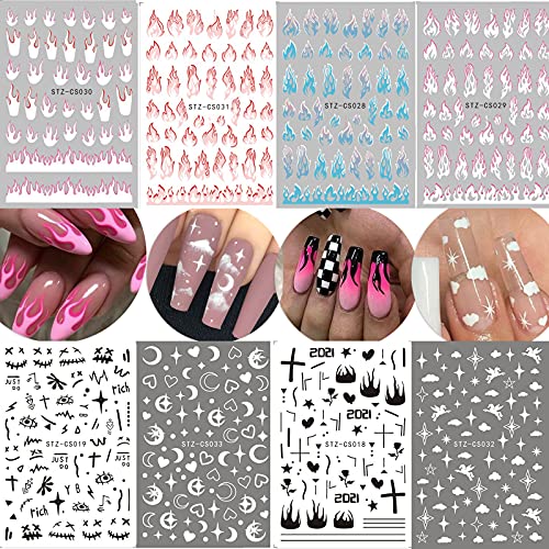 8 Sheets Flame Cloud Moon Cute Pattern Nail Art Stickers for Nail Art Supplies 3D Self-Adhesive Nail Sticker Decals ,Nails Tips DIY Toenails Nail Tattoos for Women Manicure Nail Decorations Luxury French Stickers Para UÃ±as