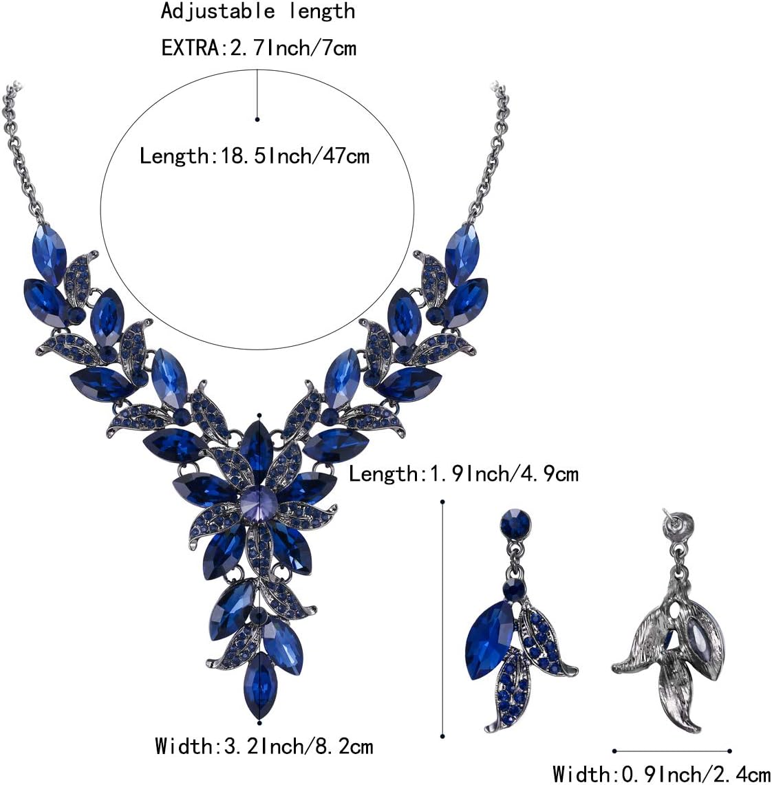 BriLove Wedding Bridal Jewelry Set for Women Crystal Enamel Marquise-Shape Leaf Flower Statement Neckalce Dangle Earrings Navy Blue Sapphire Color Black-Silver-Tone