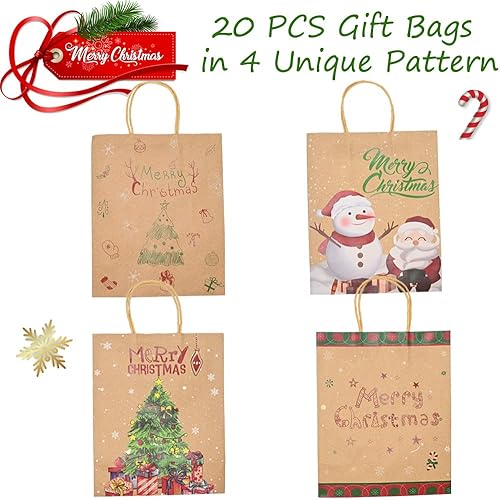 Miniatura 2 de 20 bolsas de regalo de papel kraft de Navidad, bolsas de regalo de papel tradicionales con impresiones navideñas, 4 estilos de bolsas de papel de