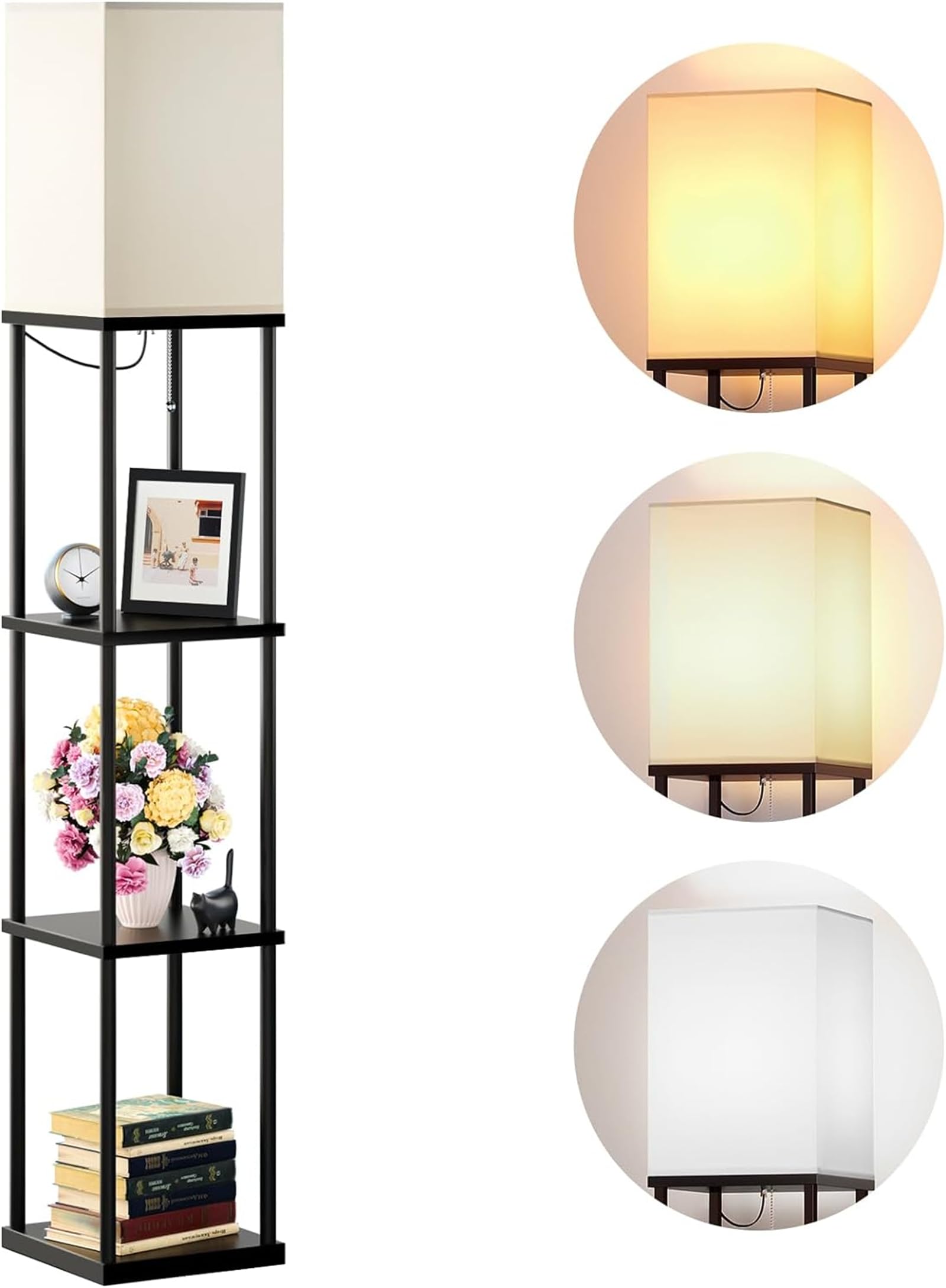 MOTIM Floor Lamp with Shelves, 3-Tier Modern Square Floor Standing Lamp with 3 Color Temperature Bulb, Corner Display Bookshelf Lamp for Living Room, Bedroom, Office