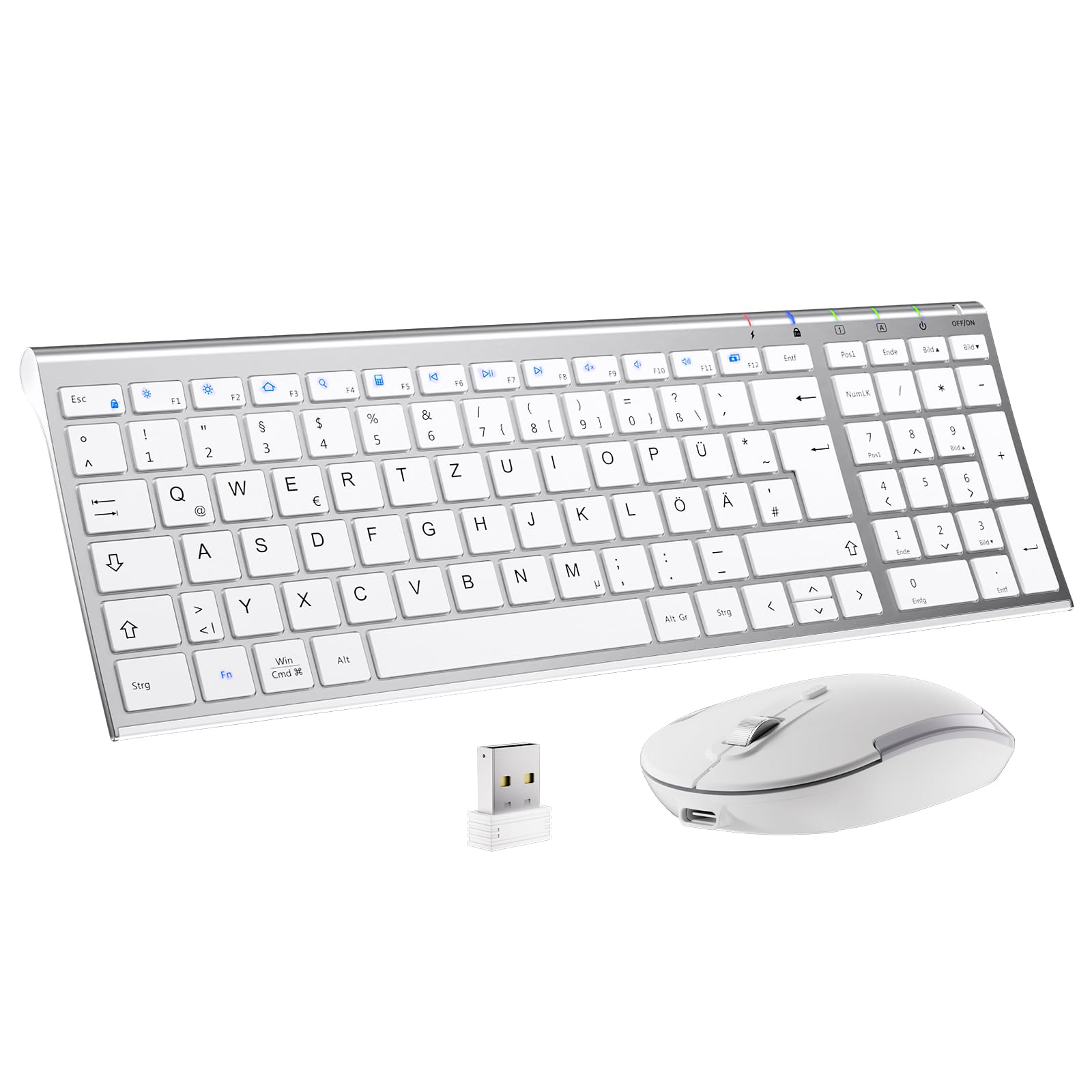 iClever - Juego de Teclado y ratón inalámbricos Recargables QWERTZ (alemán), Ultra Delgado para Ordenador/Escritorio/PC/Ordenador portátil, Windows 10/8/7, Color Blanco y Plateado | Teclado inalámbrico QWERTZ recargable para ordenador/escritorio/PC/ordena