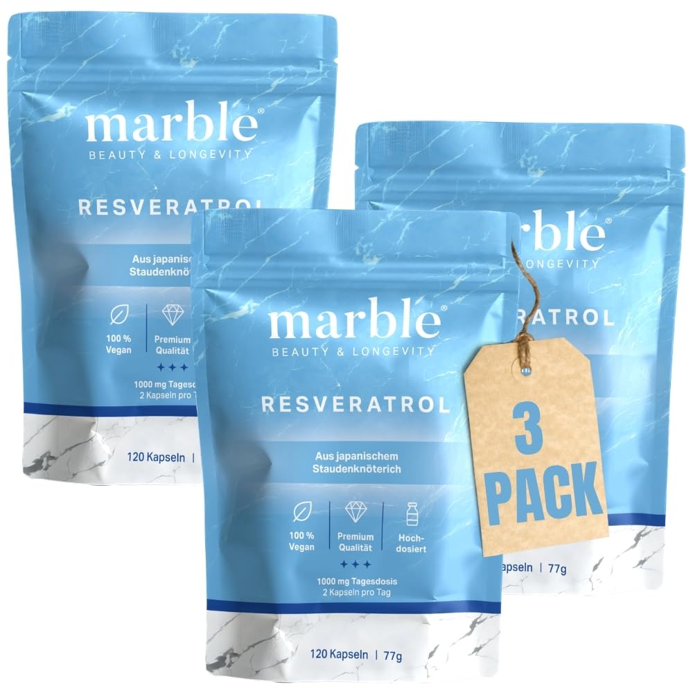 marble® Trans-Resveratrol 3 x 120 Kapseln, 1000 mg - vegan - 6 Monatsvorrat, aus Japanischem Staudenknöterich 100:1 Extrakt + Piperin, laborgeprüft, Made in Germany - 30 Tage risikofrei testen