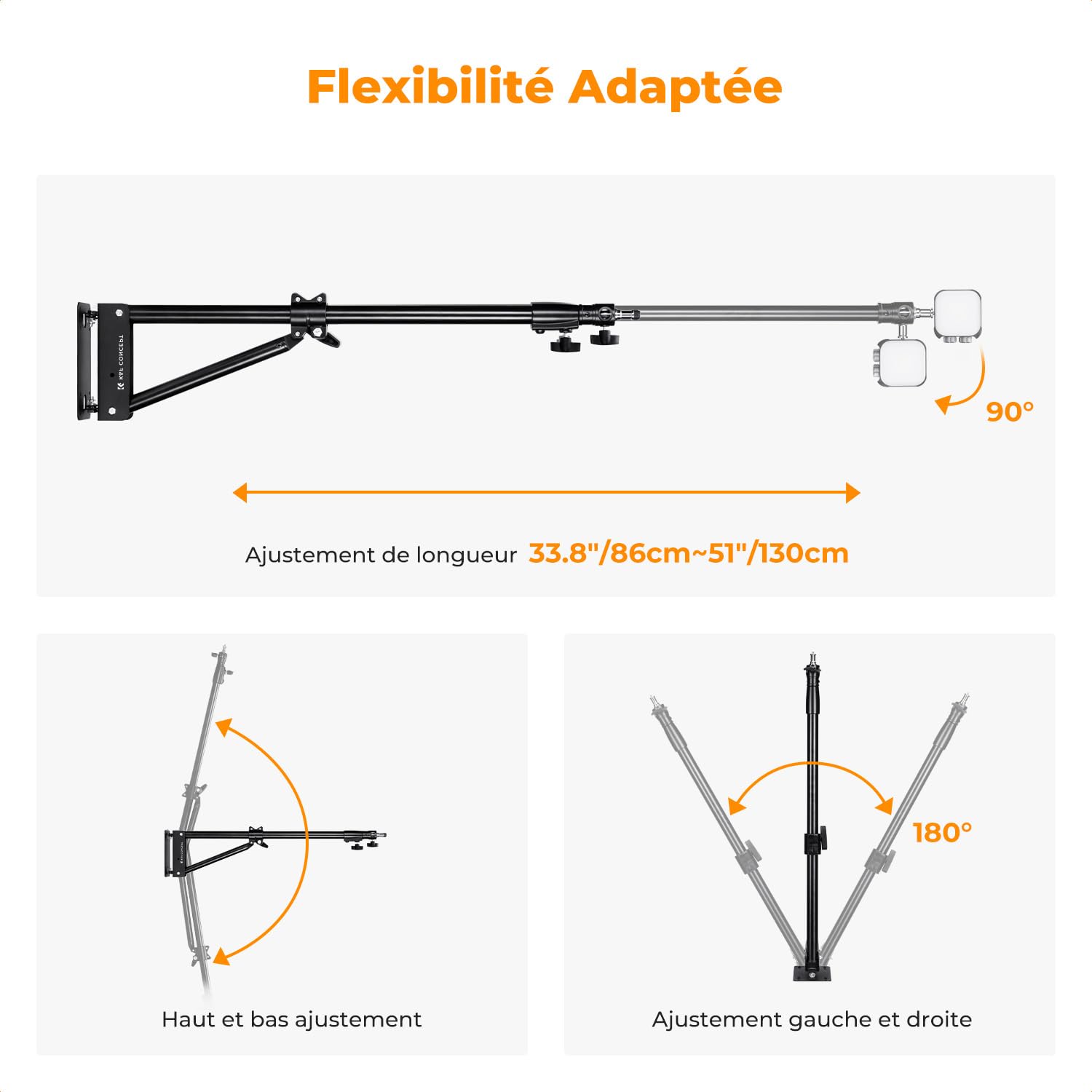 K&F CONCEPT Support Mural 130cm pour Photographie Streaming | Métal robuste, bras rotation 180°, adaptateur 3/8-1/4, streaming vidéo studio, TL08