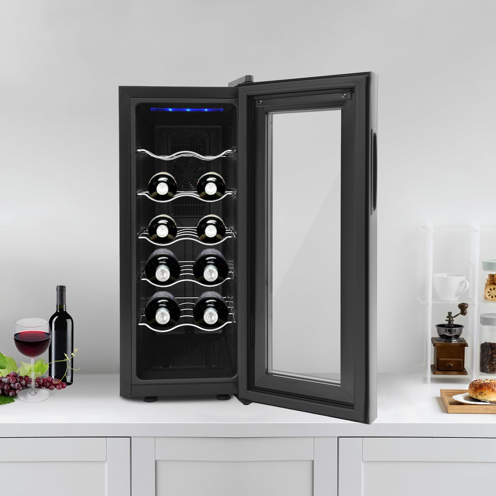 12 botellas de vino, gabinete climatizado, pantalla LED y panel táctil intuitivo, hay cinco estantes, familia, oficina, hotel, bar, club, rango de refrigeración del 55 % al 75 %