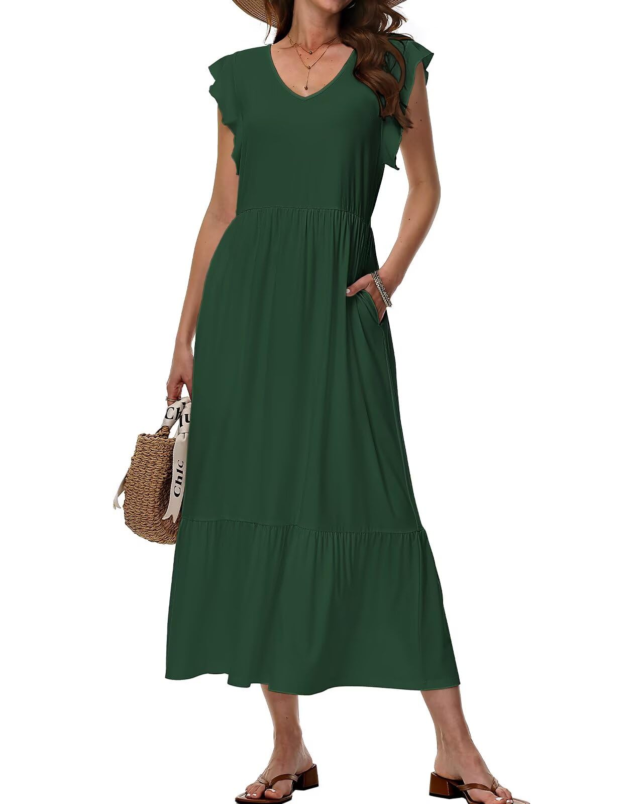 Tanmolo Maxikleid Damen Sommerkleid Lang Strandkleid Mit V-Ausschnitt Im Swing-Stil Mit Blumenmuster Mit Taschen