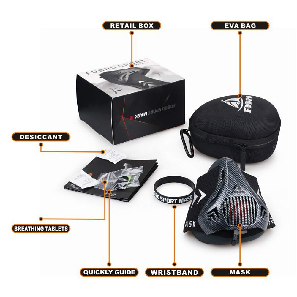 FDBRO Máscaras de Deportes, Estilo Negro, máscara para Entrenamiento y acondicionamiento de Gran altitud (Fibra de Carbono, Medium(70kg-100kg))