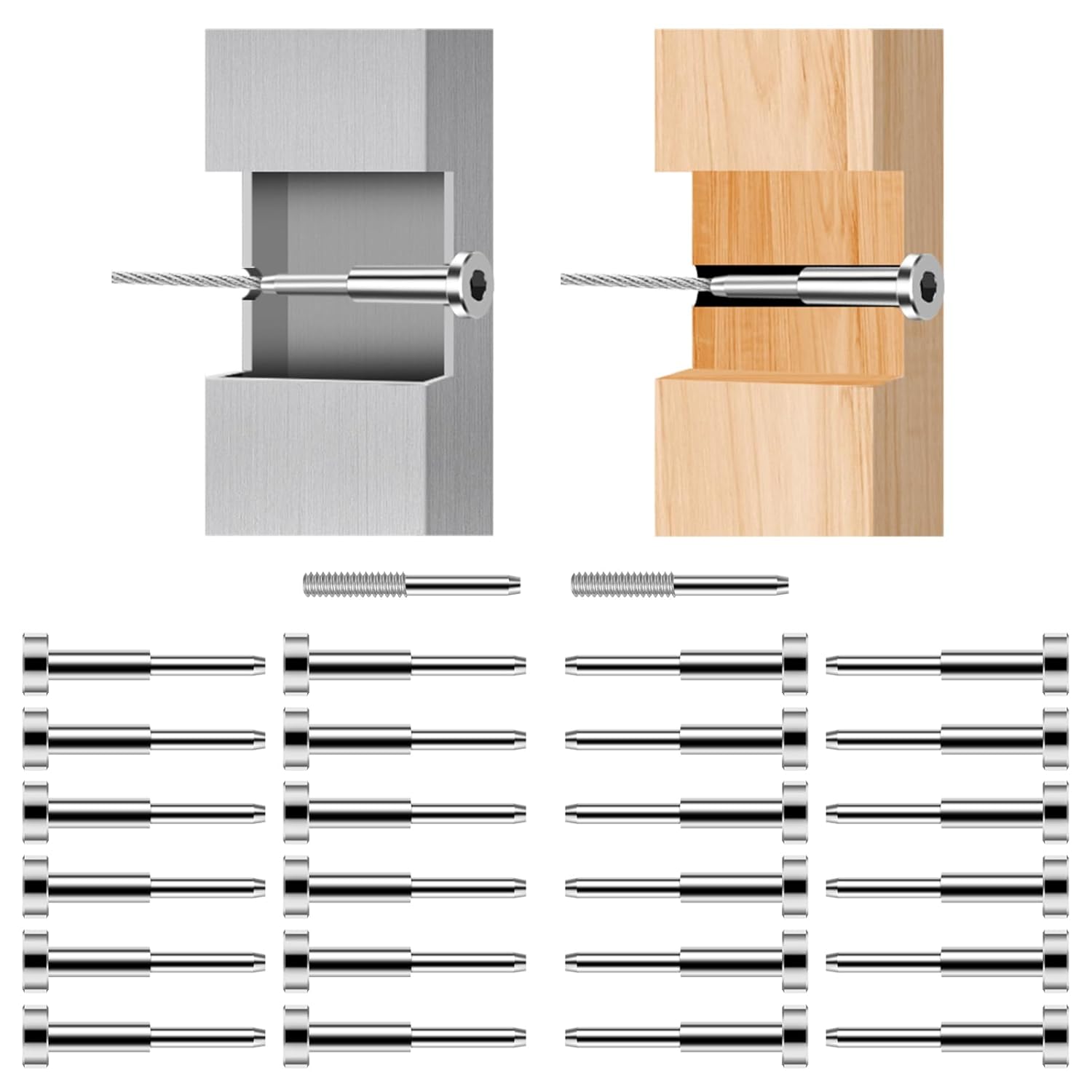 24 Pack Invisible Cable Railing Kit for 1/8" Wire Rope, 45mm Completely Hidden SST316 Invisible Swage Tensioner, Cable Railing Hardware with 2 Piece Spare Thread Stud for 2"x2" Metal Deck Post