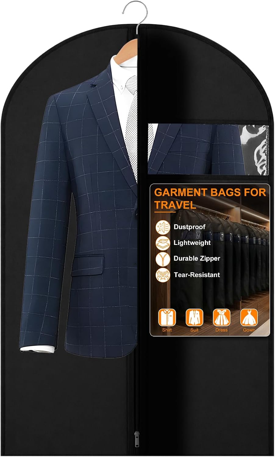 1 Pack Garment Bags for Travel & Hanging Clothes, 45" Suit Bag, Black