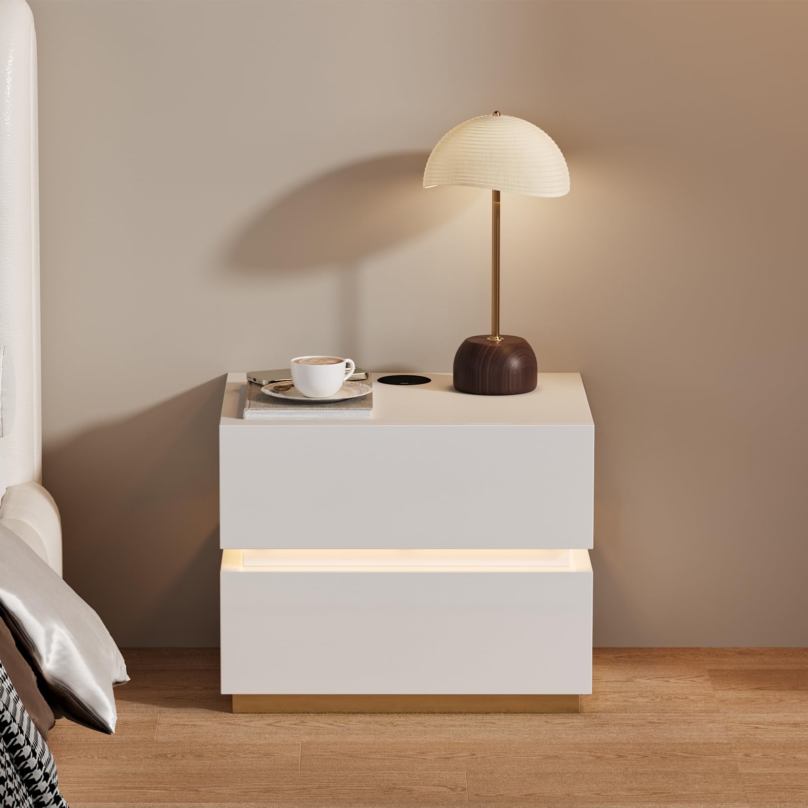 Homary LED Smart Nachttisch mit kabelloser Ladestation, Nachttisch mit Schubladen & USB-Anschlüssen, Modernes Nachtkästchen mit LED-Beleuchtung für Schlafzimmer (Led Weiß 2 Schubladen)