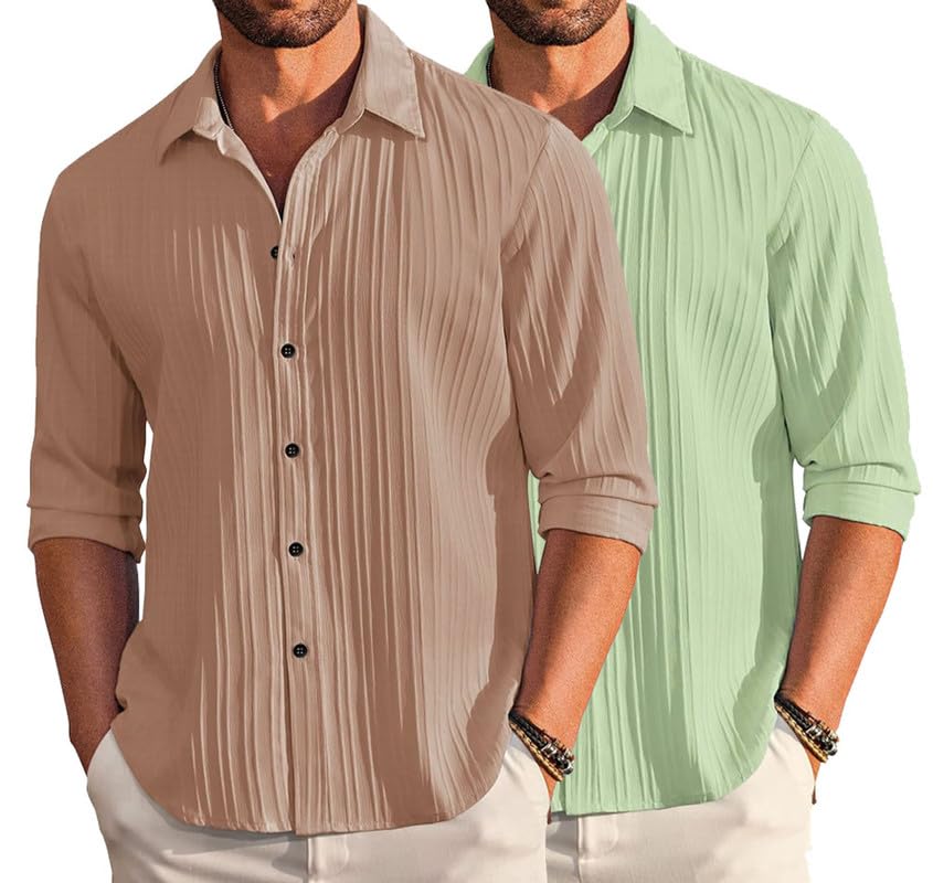 Image of DEELMO Combo of Men's Casual Button Down Shirts Long Sleeve Linen Shirt Fashion Textured Summer Shirts Pack of 2