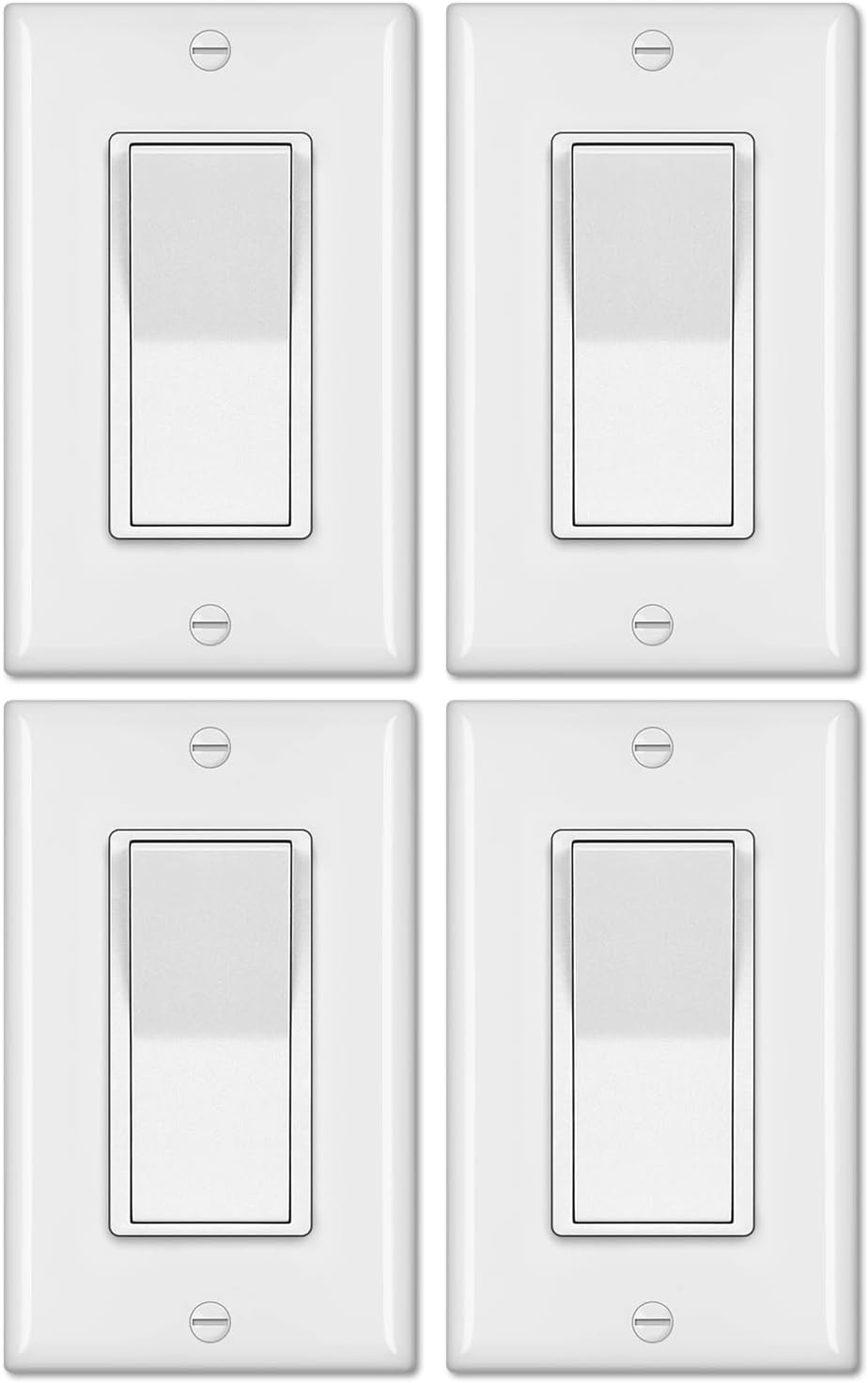BESTTEN 4 Pack 4-Way Decorator Wall Light Switch with Wallplate, 15A 120/277V, On/Off Paddle Rocker Interrupter, Self-Grounding, UL Listed, White