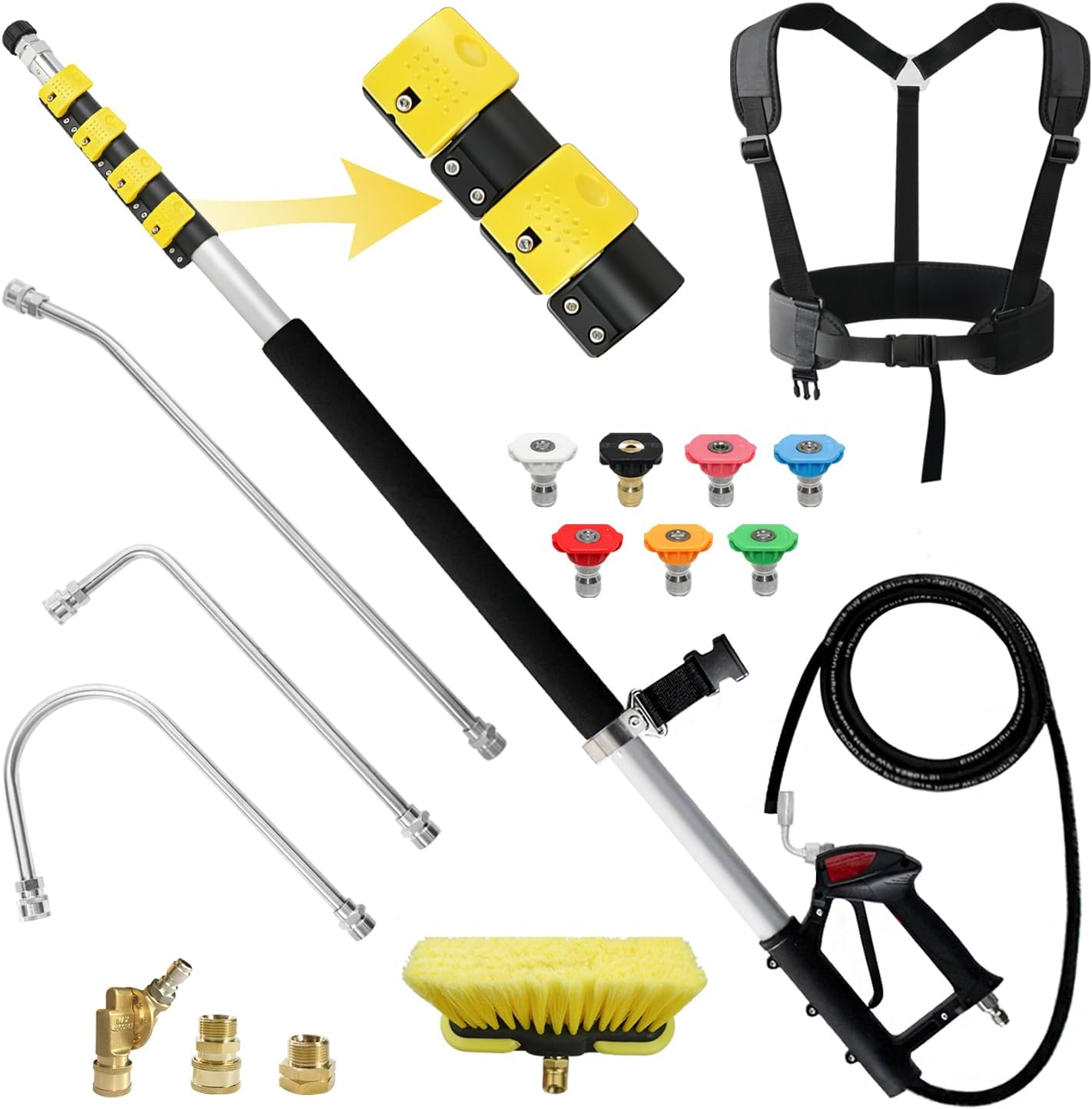 JANZ 24 FT Pressure Washer Telescoping Wand with Extension Wands | Gutter Cleaner Attachment, 7 Spray Nozzle Tips, 2 Hose Inlet Adapters, Pivoting Coupler and Support Harness