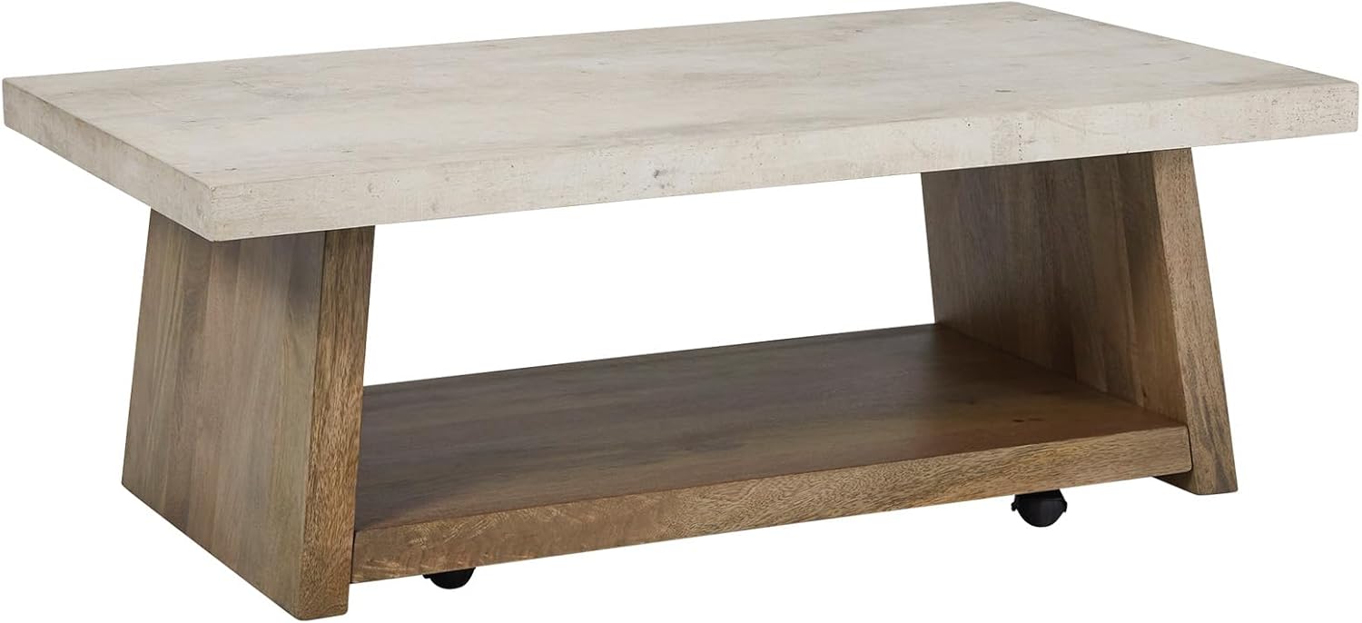 Signature Design by Ashley Brendalhouse Casual Coffee Table with Faux Cement Top, Bottom Shelf and Casters, Light Brown & White