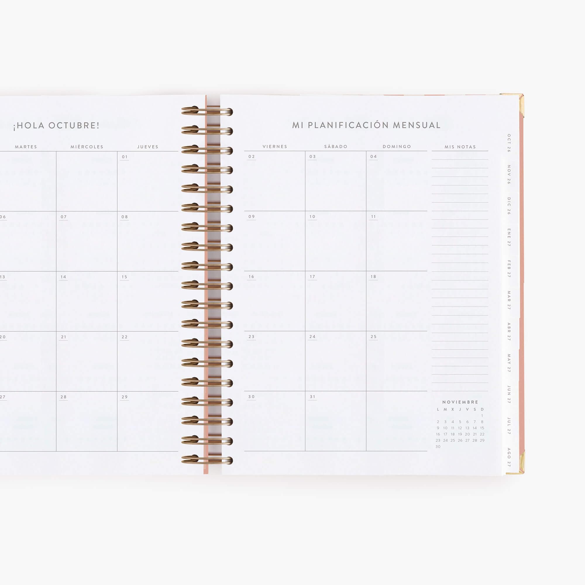 Charuca Akademischer Terminkalender 2026-2027 TAGESANSICHT – Hardcover mit Golddetails, Großes Format – Inklusive schützender Stofftasche und Lesezeichen (Rayas Pink)