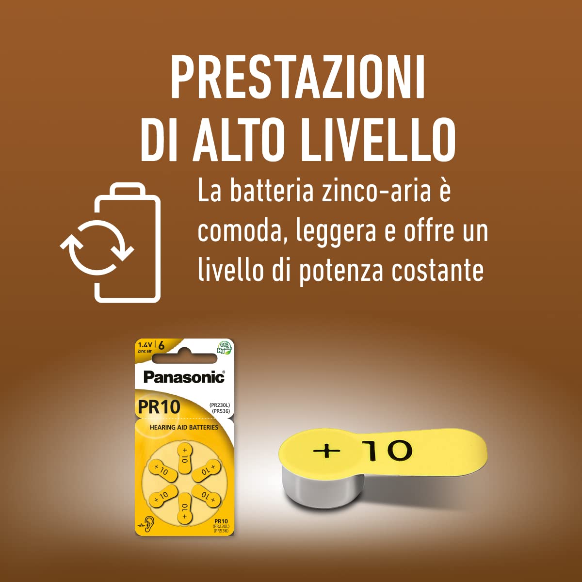 Panasonic PR10 Batterie zinco-aria per apparecchi acustici, Tipo 10, 1.4V, Batterie per apparecchi acustici, 10 confezioni (60 pezzi), gialle