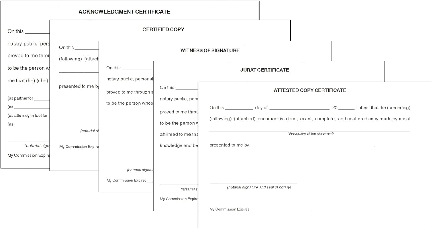 Jurat, Acknowledgment, Attested, Witness, and Certified - Set of 5 Notary Certificates