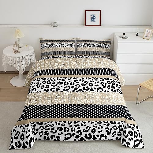 Cow Printed Comforter Set 3Pcs, Black And White Dots Bedding For Kids Teens Adult Bedroom Decor,Paisley Flower Quilt Bohemian Decor Geometric Stripes Patchwork Duvet Insert With 1 Pillow Cas
