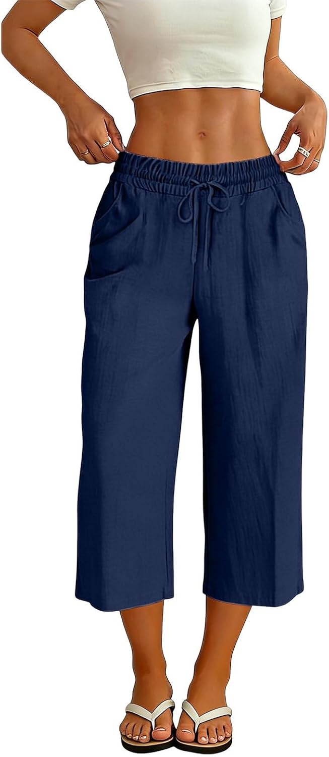 Capris for Women with Pockets - Casual Summer 2026 Cotton Linen Plus Size Wide Leg Pull on Flowy Palazzo Cropped Pant