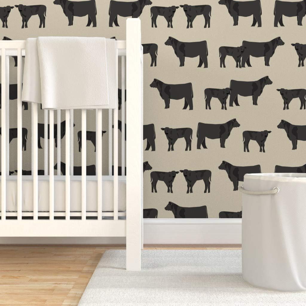 Peel & Stick Wallpaper 3ft x 2ft - Black Cattle Cow Calf Cows Farm Rustic Animals Farmhouse Decor Pet Portrait Custom Removable Wallpaper by Spoonflower