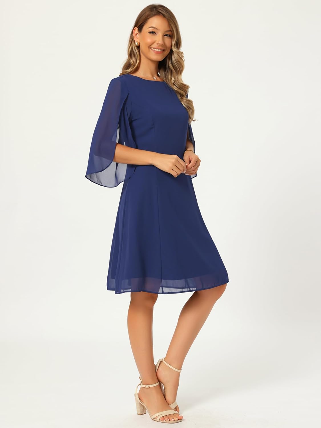 Seta T Women's Chiffon Dresses Flutter 3/4 Sleeve Crewneck Flowy Knee Length Dress Cocktail Party Wedding Outfits - Image 3