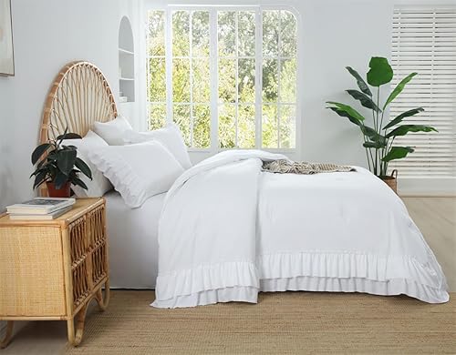 Miniatura 3 de Holawakaka Juego de edredón con volantes blancos tamaño Queen, juego de ropa de cama ligero con volantes de granja, vintage, ultra suave, esponjoso,