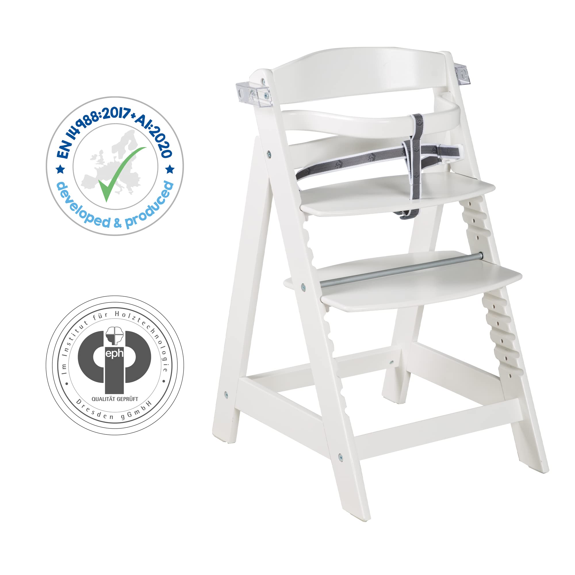 roba Seggiolone per Neonati Evolutivo Sit Up Click e Fun + Vassoio Rimovibile - Altezza Regolabile - con Barra di Protezione - Ergonomico - Legno Naturale Laccato Bianco