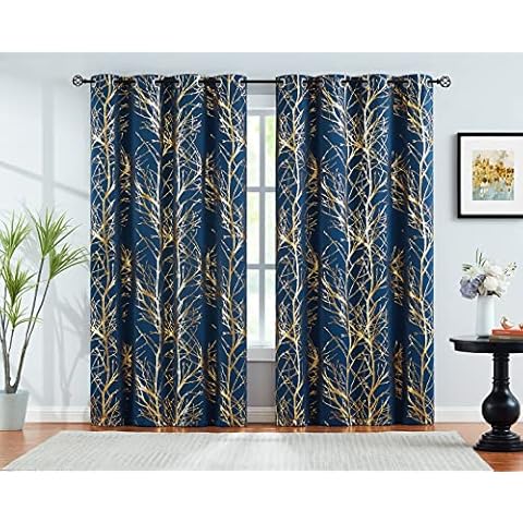 FMFUNCTEX Gold Blackout Curtains Blue 84 inches Foil Tree Print Tree Curtains for Bedroom Living-Room Modern Energy Efficient Shiny Metallic Branch Curtain Panels Grommet Top 2 pcs Cover