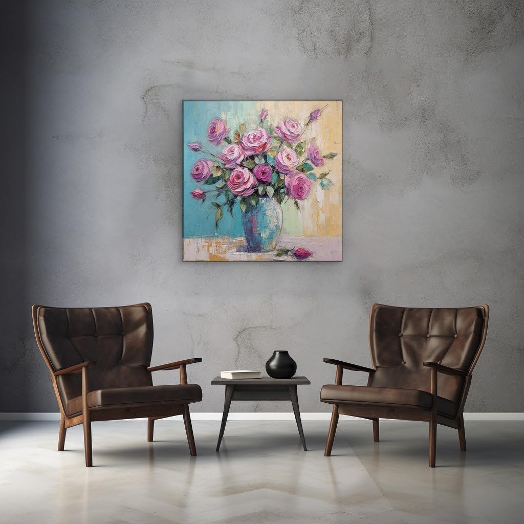 Canvas for Living room. Vibrant Brushstrokes of Life: A Three-Dimensional White Vase with Pink Roses, 27 x 18 inch Canvas Wall Art - Contemporary Masterpieces - Zen Wall Decor - 69x46 cm (27x18 inch)
