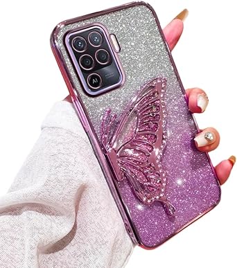 Compatible for Oppo Reno 5 Lite/Oppo A94 4G / Oppo F19 Pro/Reno 5F Case with Butterfly Stand, Clear Glitter Quicksand 3D Butterfly Bling, Soft Protective Cover Women Girls Case for Oppo Reno D