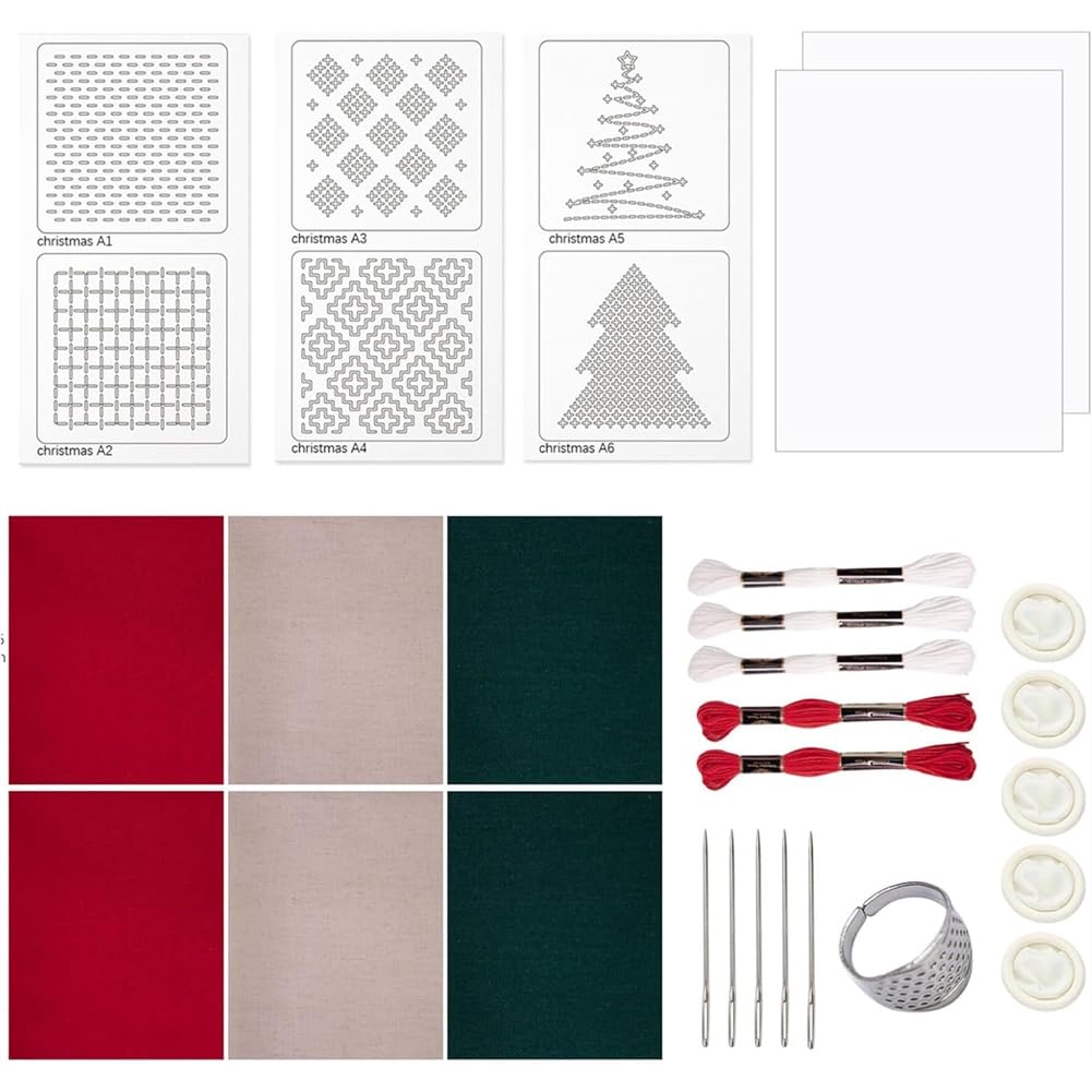 UDSKNV[KSL Water-Soluble Pattern Embroidery Kit, Thread Merry Christmas Kit for Beginners, Hand Quiltin G Thimble Fabric