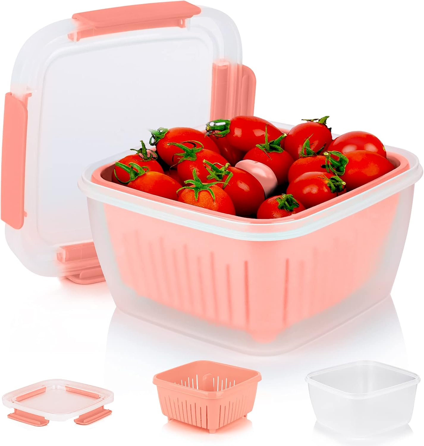 Genteen Fruit Containers for Fridge, Berry Containers for Fridge BPA Free Colander with Lid and Removable Drain Basket Muti-use Berry Keeper Container (1.5L - Pink)
