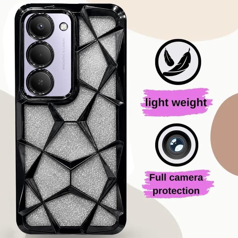 Image of VONZEE Gradient Glitter Case for Redmi 15, Luxury Electroplated 3D Cube, Diamond Bling Shiny Soft TPU Clear Shockproof Women Girls Protective Phone Cover (Black)