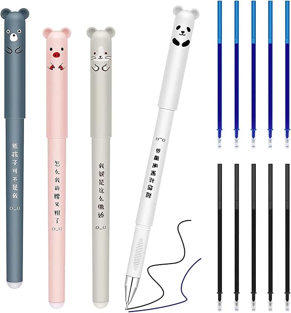 Cute Pens 4+10 Pack Erasable Gel Ink Pens Cartoon Animal Stationary 0.5MM Rollerball Friction Pen for Students Adults Kids Sketching Drawing School Office Supplies (5 Black, 5 Blue)