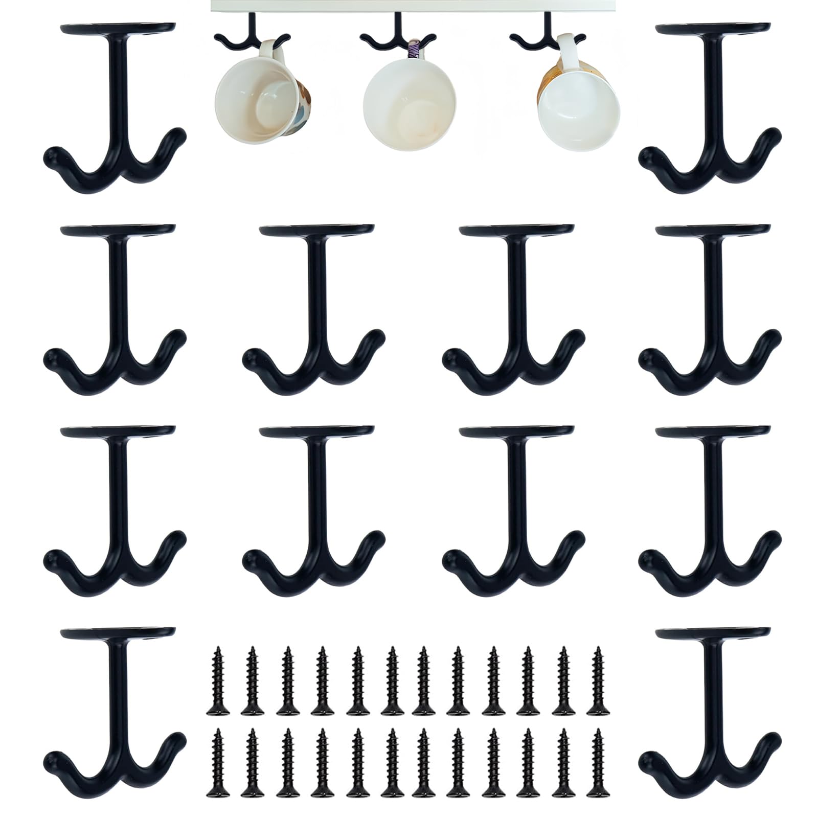 NPENGHUI 12 Pcs Ceiling Double Hook with Screws - Prong Wardrobe Towel Hook - Zinc Alloy Top Mount Hooks for Coat, Hat, Towel, Robe, Clothes, Kitchen