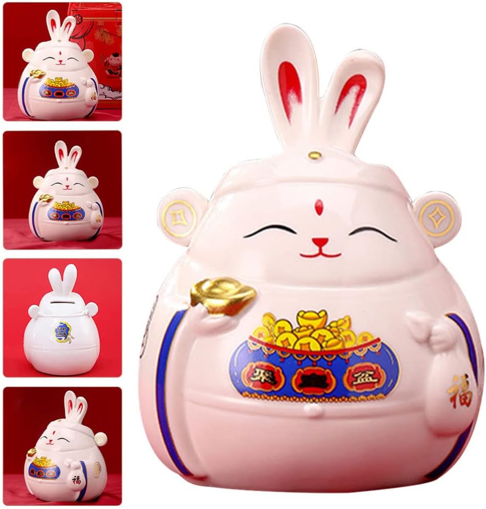 Toyvian Fortunate Figurine Piggy Bank Ceramic Bunny Saving Jar for Boys and Girls and Adults Cute Home Decor Bank for Savings for Birthdays and Festivals