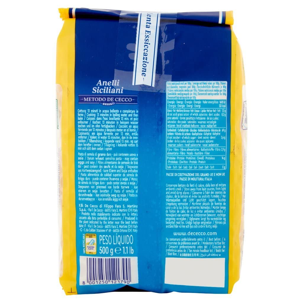 Italian Gourmet Pasta Anelli Siciliani n. 179 Nudeln 24 x 500g | Grano duro 100% italiano; kurze Ringform für forno, Suppen und Auflauf, Gesamtnettogewicht 12 kg + Kostenlos Polpa 400g
