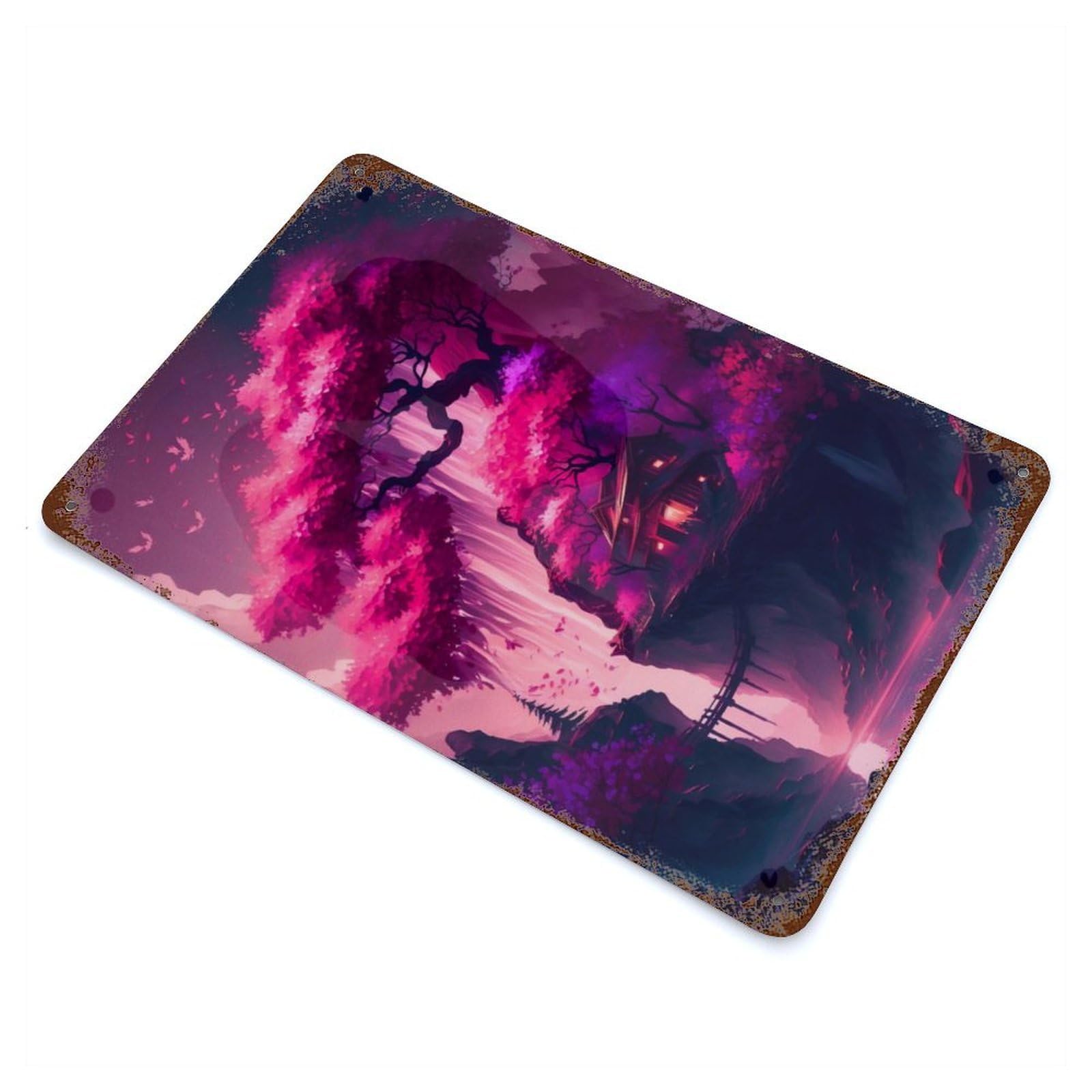 Cherry Blossom The Lake 11.8"x7.9" Retro Metal Sign, Industrial Home Decor for Office, Studio And Wall Decor