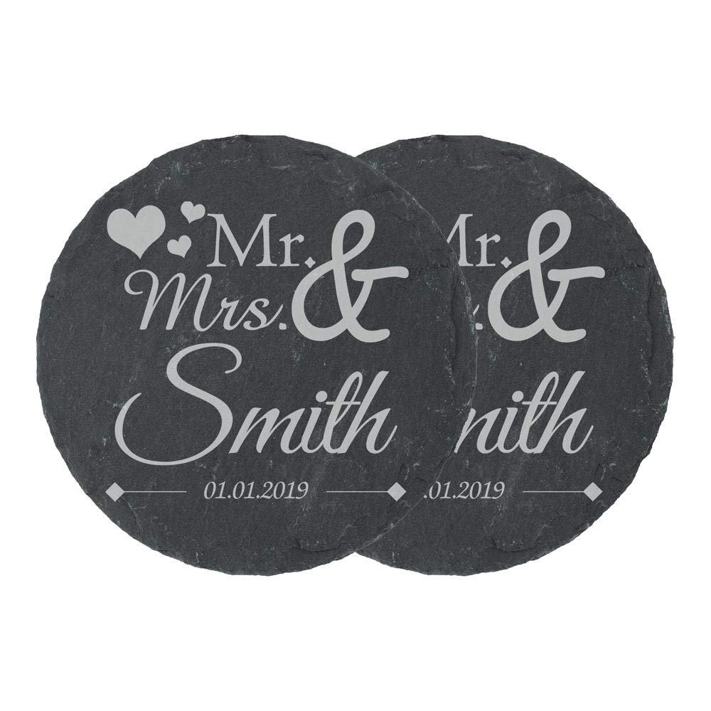 Personalised Engraved Round Slate Wedding Coaster Mr&Mrs with Hearts Set of 2