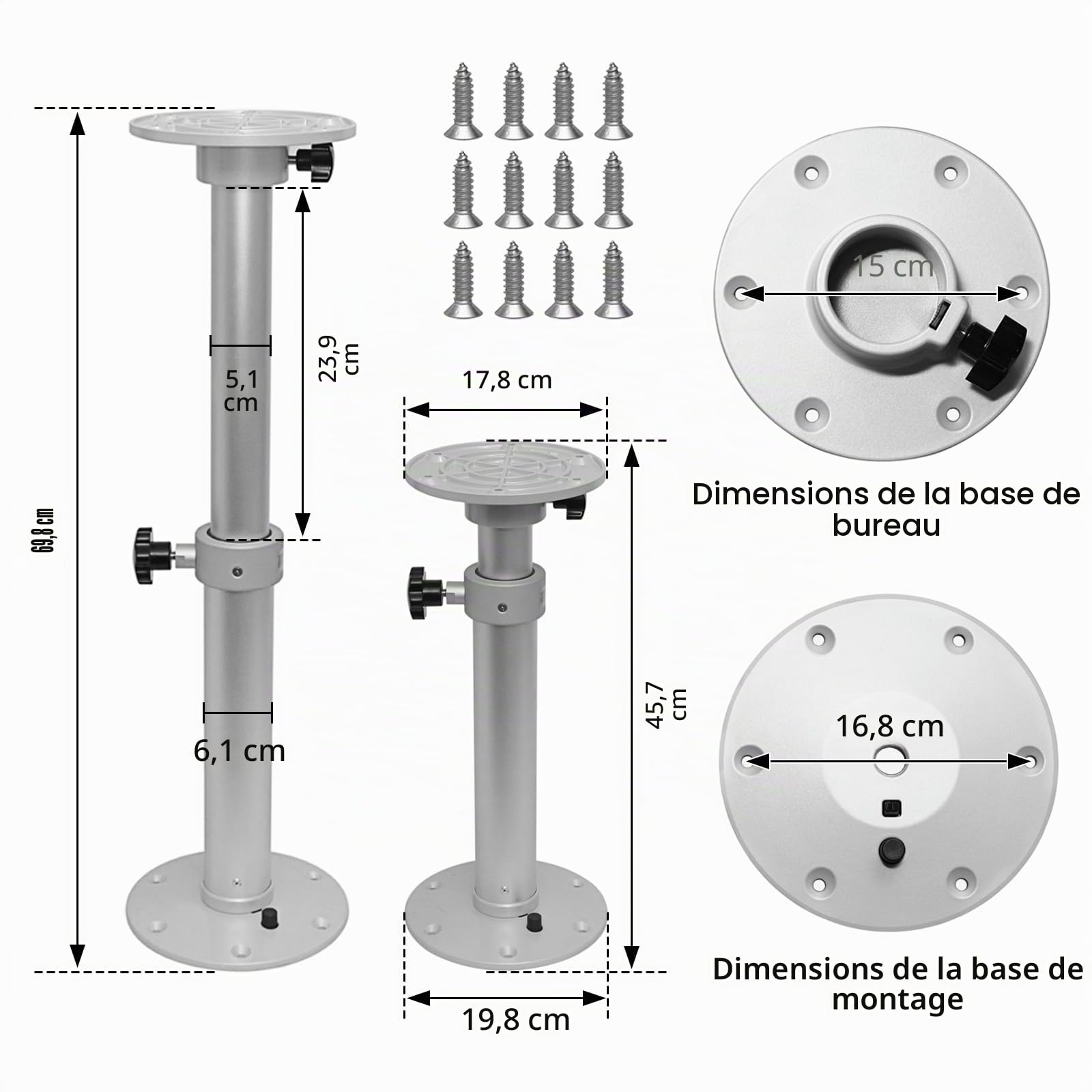 Table de bateau améliorée sur piédestal, base de table RV en alliage d'aluminium amovible et réglable, support de base à tige de montage, plage de hauteur de 17,8 à 27,2 pouces pour VR