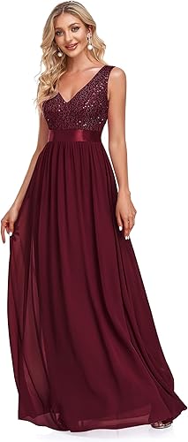 Ever-Pretty Vestido largo formal de fiesta de noche con lentejuelas dobles y cuello en V para mujer 0146A