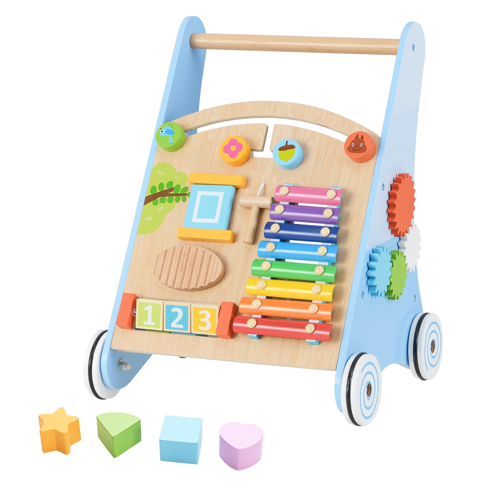 INFANS Wooden Baby Cart, Montessori Push Toy with Multiple Activity Center Storage Infant Learning to Sit to Stand for Boys Girls (Blue)