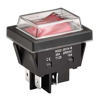 Heschen High Current Rocker Switch, 30A 250VAC, ON-OFF 2 Positions, DPST, 4 Terminals, T125, with Waterproof Cover 1, Red, KCD2-201N-B