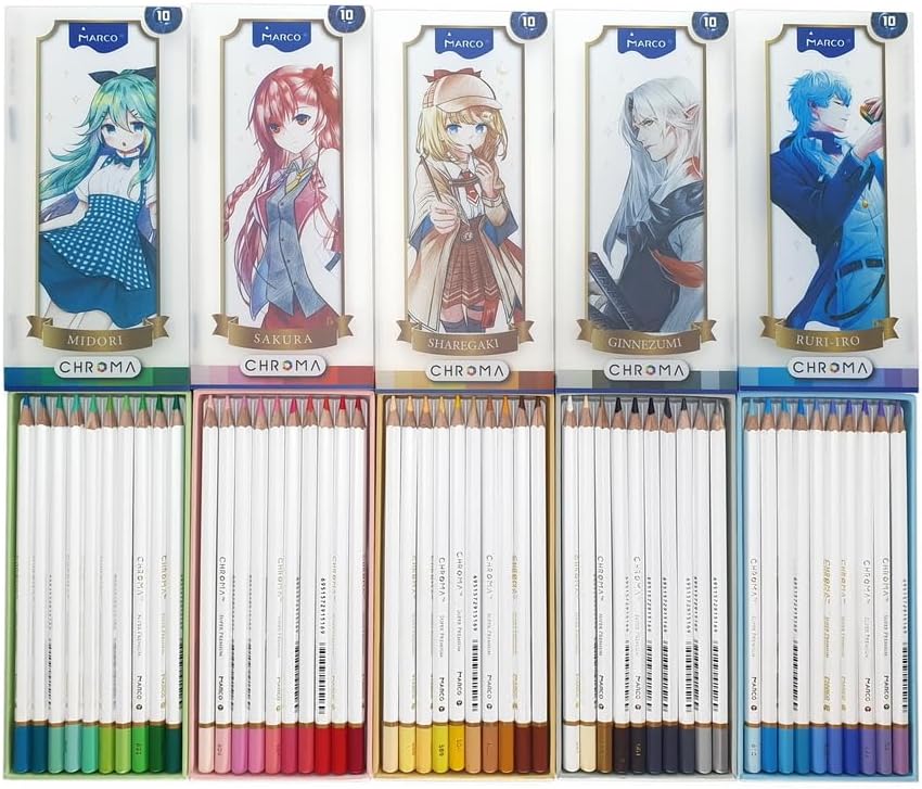 Pastel Colors Colored Pencils Marco Chroma Manga 50 Count Set in Metal Box; 2B Hardness, Professional Drawing Supplies for Kids, Adults, Artists; Coloring Oil Pencil for Art, Sketching, Drawing