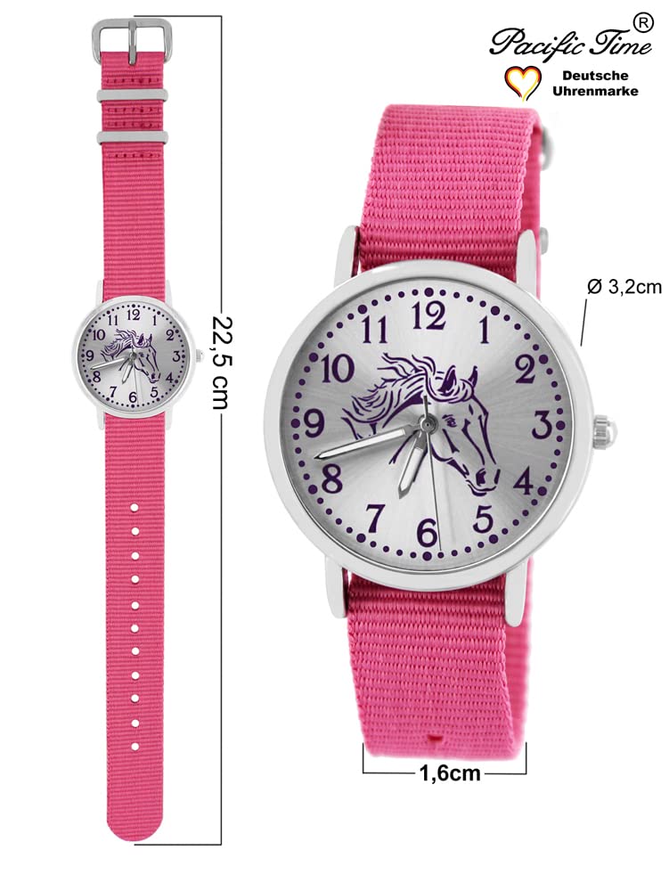 Pacific Time Kinderuhr Mädchen Pferdeuhr Geschenk-Set Rosa 2 Armbänder | Geschenk für Mädchen: Pferdeuhr mit violettem Pferdekopf, 2 Armbänder, 5 ATM wasserdicht, günstiger als Einzelkauf