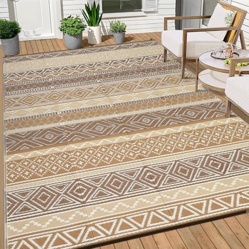 Image of GlowSol Waterproof Outdoor Rug 10x14 Reversible Patio Rug Portable Plastic Straw Rugs for Camping Outdoor RV Mat for Camper Large Outdoor Rugs for Backyard,Picnic,Beach,Deck,Porch,Balcony,Brown /Tan