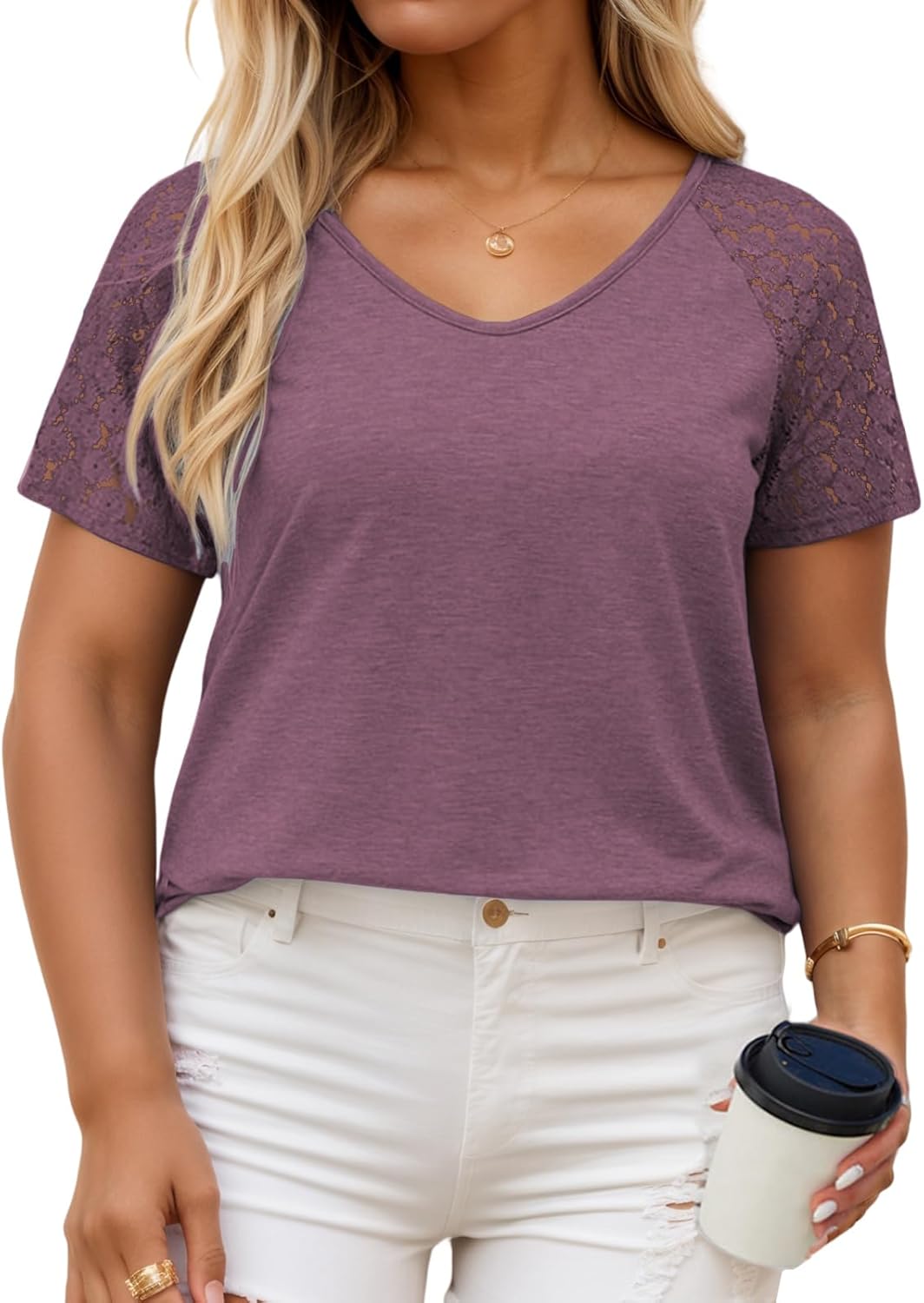 VISLILY Plus-Size-Womens-Summer-Tops Casual V-Neck T Shirts Raglan Lace Dotted Short Sleeve Tunics Cute Trendy Blouses XL-5XL - Image 3