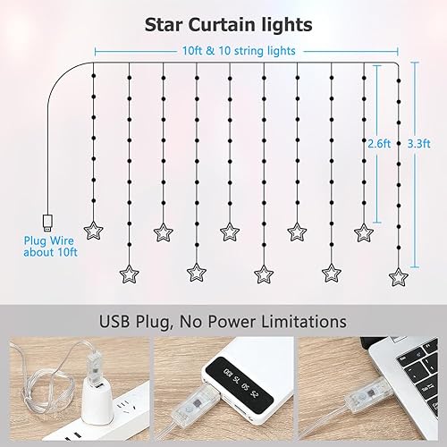 Miniatura 6 de Cortina de luces de estrella, 10 x 3.3 pies RGB LED que cambian de color, guirnalda de luces de estrellas, aplicación inteligente y control remoto