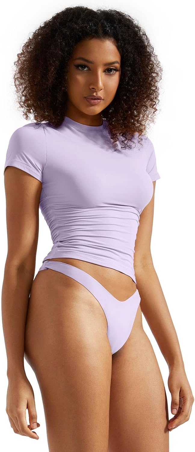 SUUKSESS Women Double Lined Fitted Basic Tee Crew Neck Short Sleeve Y2K Crop Top - Image 2