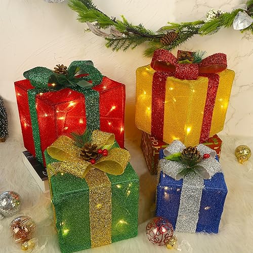 Ljlnion BOX-SSB4 Set Of 4 Christmas Lighted Gift Boxes Decorations, Pre-Lit Tinsel Present Box With Bowknot(Red Green Yellow Blue), Light Up Xmas Tree Skirt Ornament, Indoor Outdoor Plug In For Home Holiday Party thumb #5